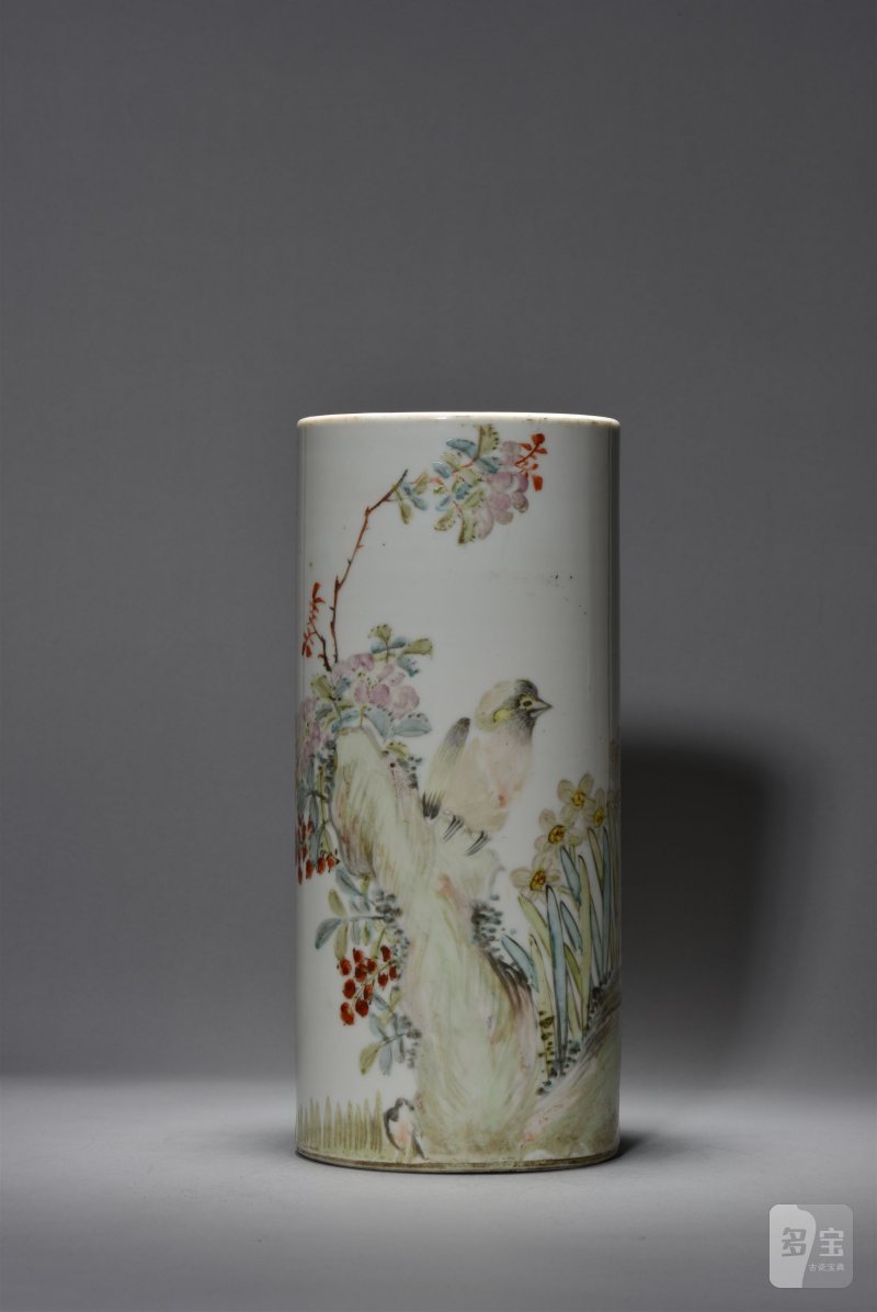 清光绪 梅峰樵浅绛彩花鸟帽筒 - 图2